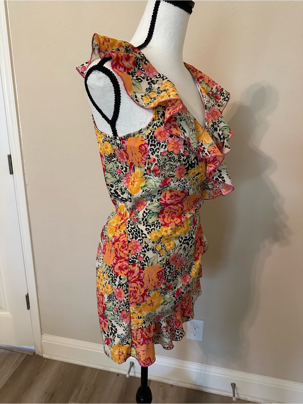 GUESS Floral Wrap Mini Dress in Yellow,  tiger spots, Pink & Cream - Picture 4 of 6